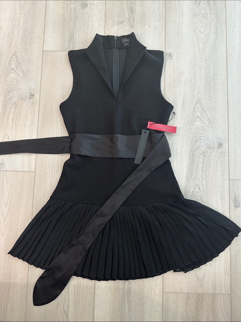 Carbon38 Black Pleated Mini Dress with Satin Waist Tie Size Small NWT